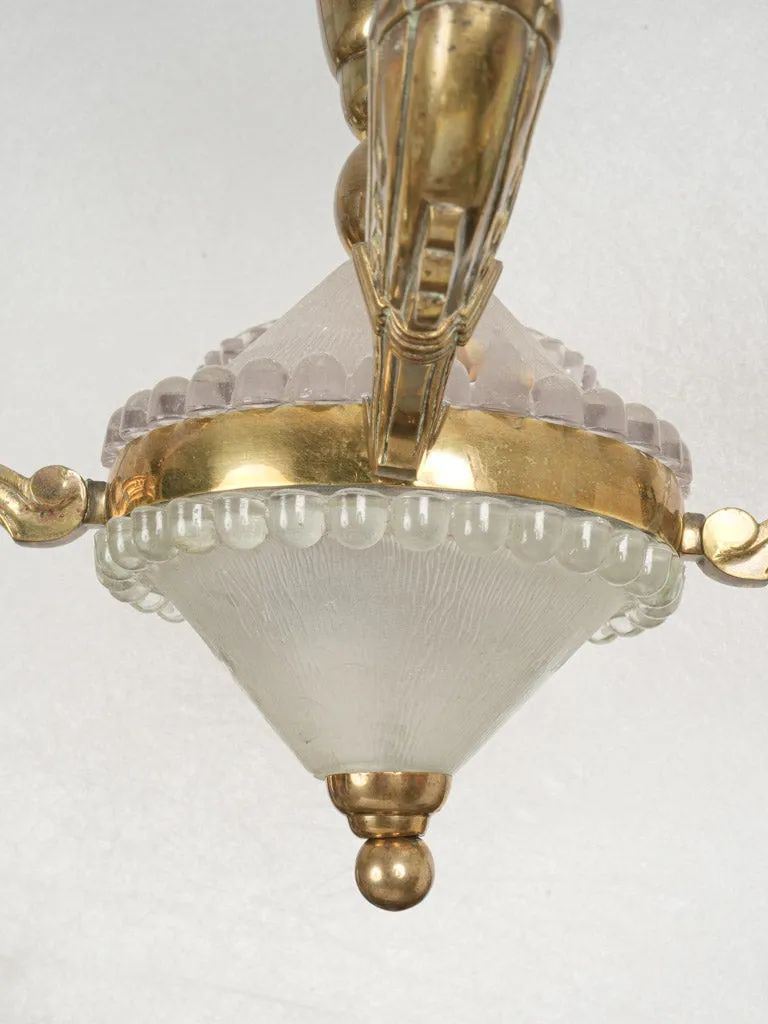 1940s French Bronze Chandelier w/ Pressed Glass Coupes
