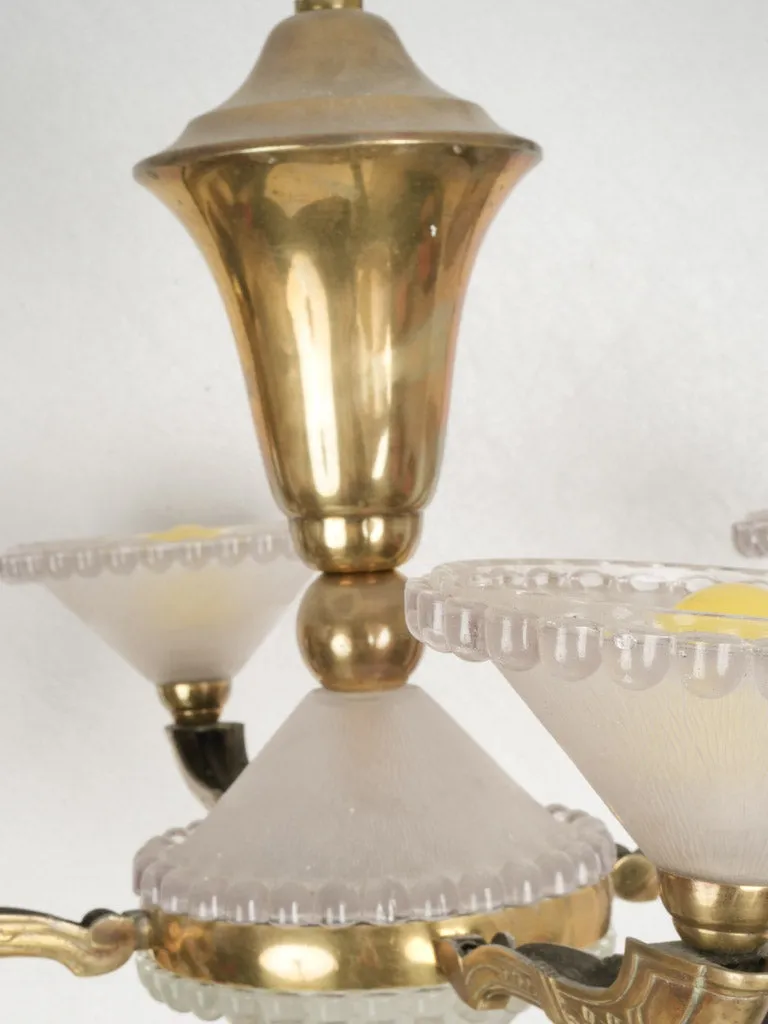1940s French Bronze Chandelier w/ Pressed Glass Coupes