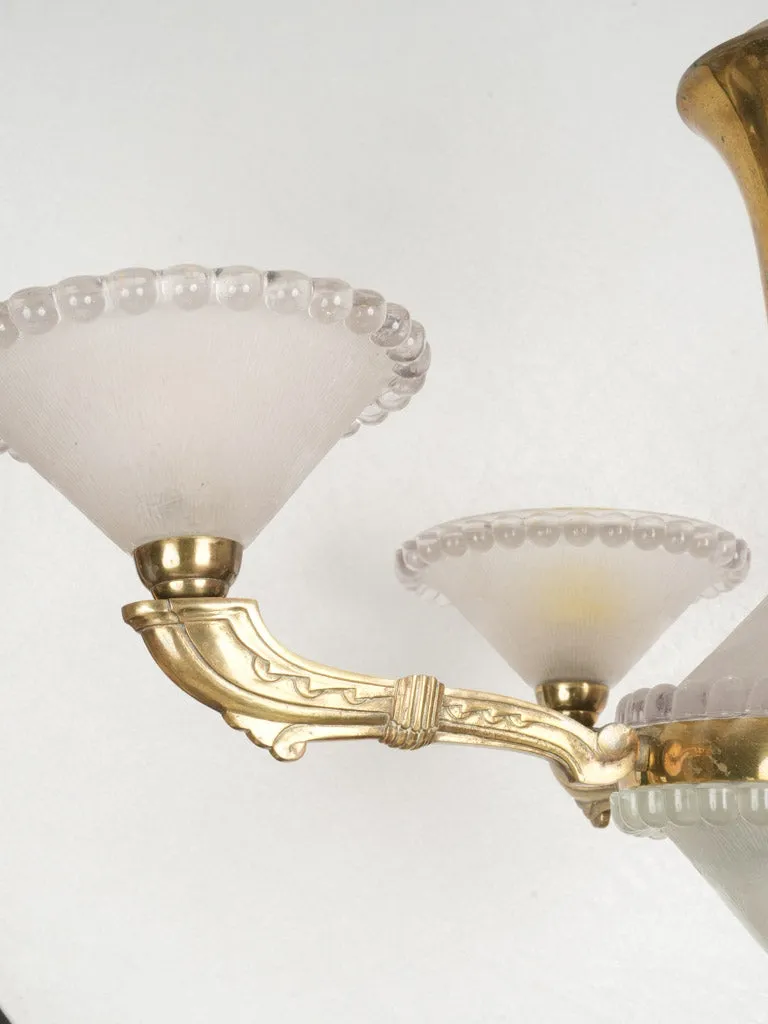 1940s French Bronze Chandelier w/ Pressed Glass Coupes