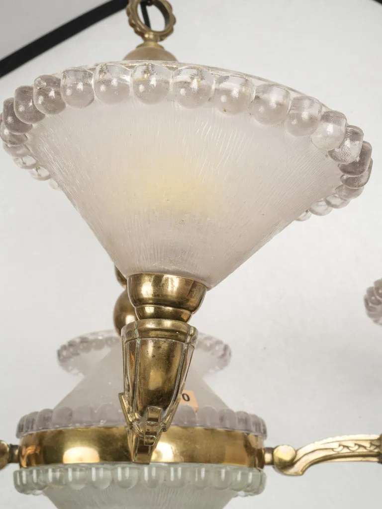 1940s French Bronze Chandelier w/ Pressed Glass Coupes