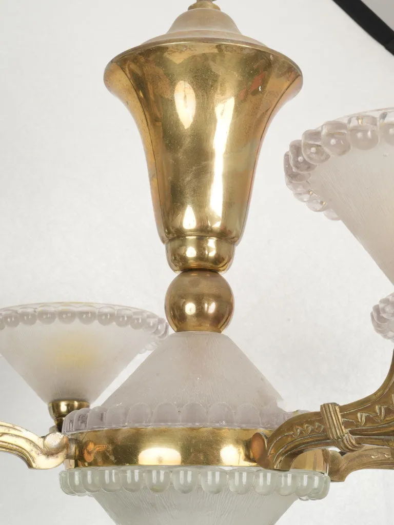 1940s French Bronze Chandelier w/ Pressed Glass Coupes