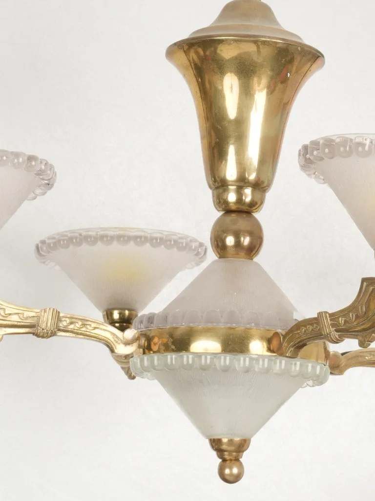 1940s French Bronze Chandelier w/ Pressed Glass Coupes