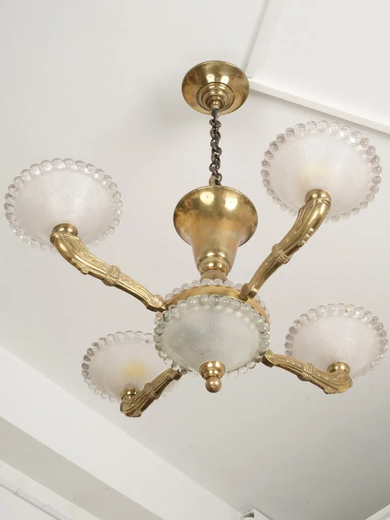 1940s French Bronze Chandelier w/ Pressed Glass Coupes