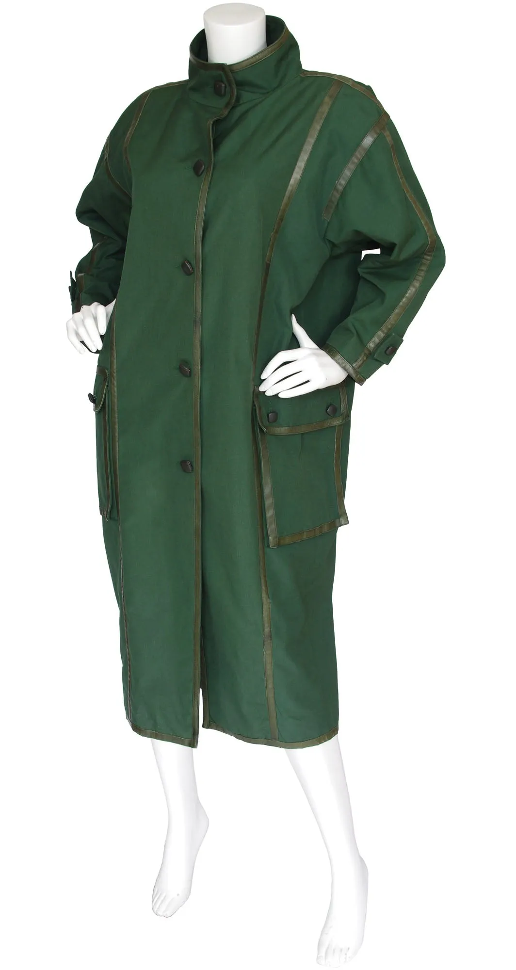 1980s Green Cotton & Leather Trim Oversized Coat