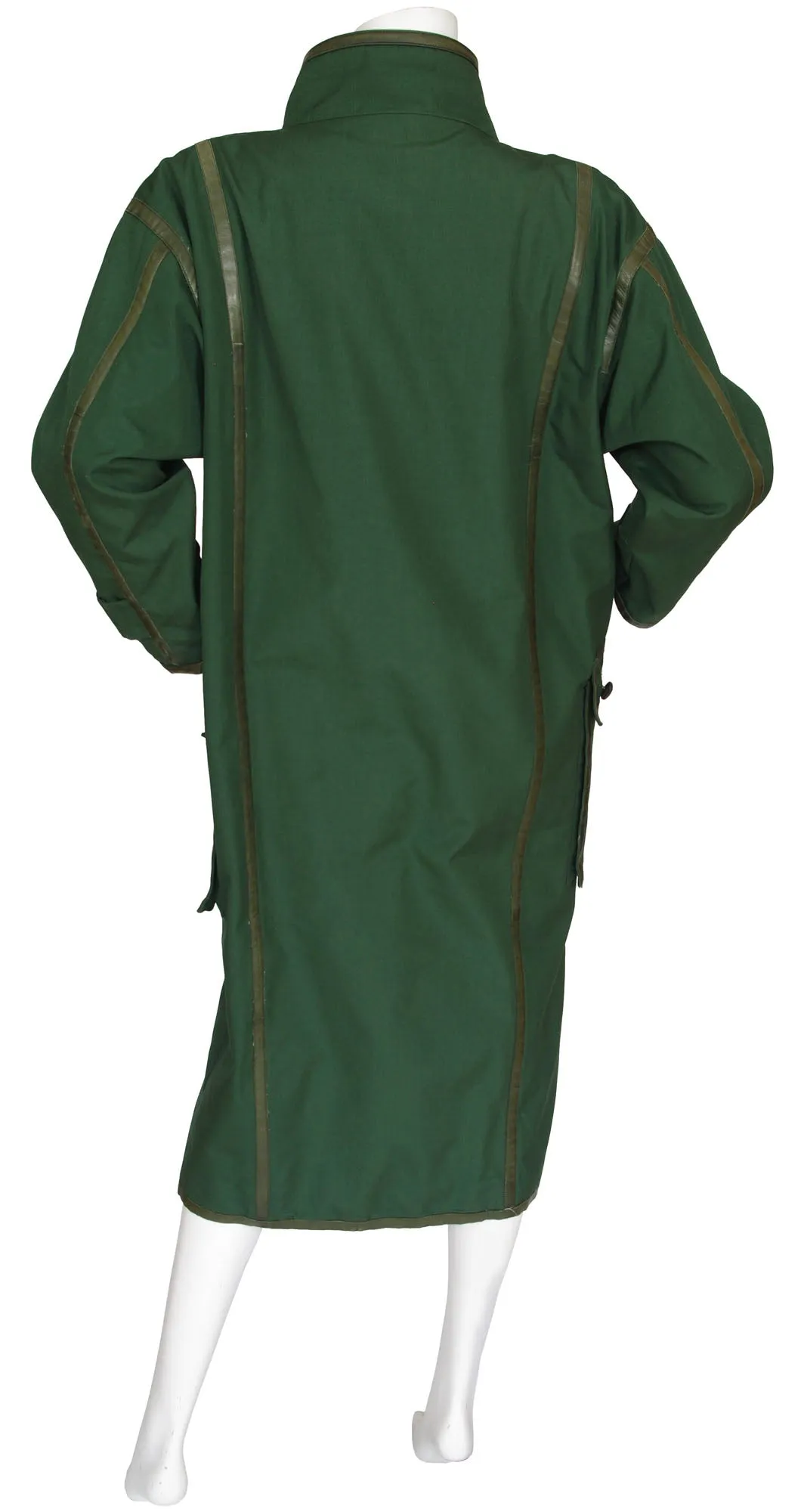 1980s Green Cotton & Leather Trim Oversized Coat