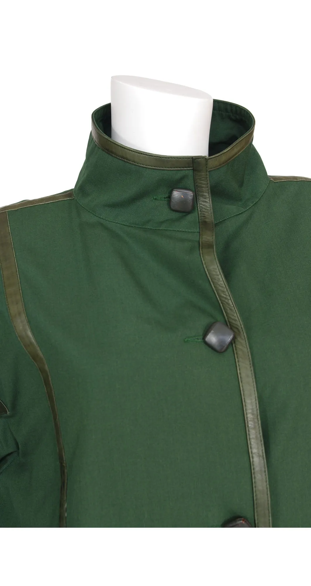 1980s Green Cotton & Leather Trim Oversized Coat