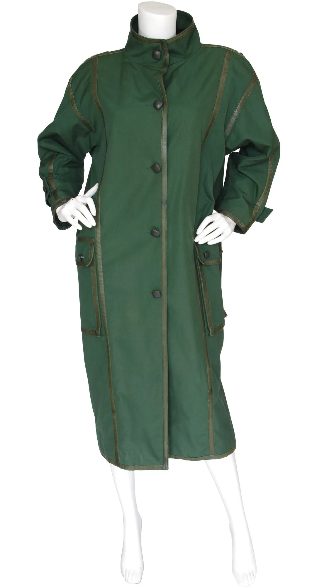 1980s Green Cotton & Leather Trim Oversized Coat