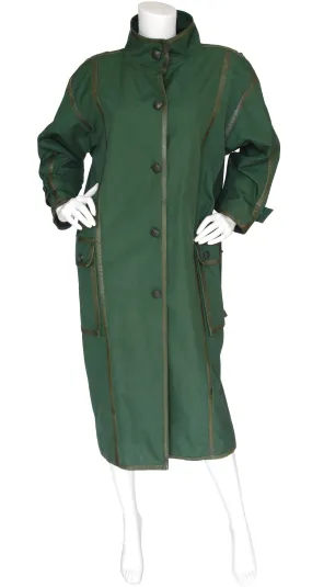 1980s Green Cotton & Leather Trim Oversized Coat
