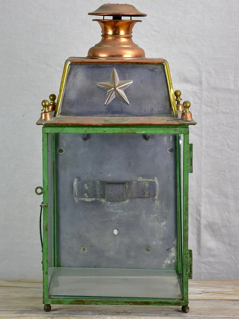 19th Century French wall lantern - copper and green frame 22½"