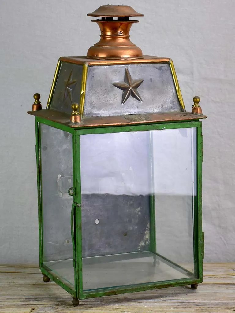 19th Century French wall lantern - copper and green frame 22½"