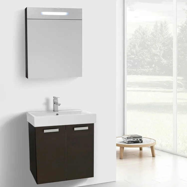 24 Inch Glossy White Wall Mount Bathroom Vanity with Fitted Ceramic Sink, Lighted Medicine Cabinet Included
