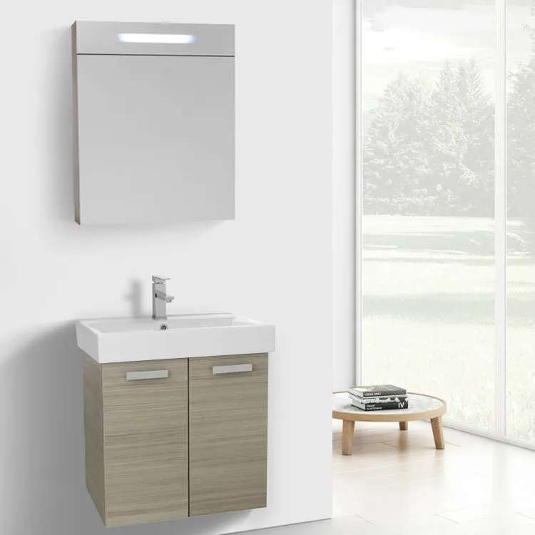 24 Inch Glossy White Wall Mount Bathroom Vanity with Fitted Ceramic Sink, Lighted Medicine Cabinet Included