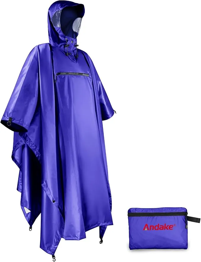 Andake Waterproof Rain Poncho for Adults Unisex,230T Ripstop Polyester,Raincoat Gear with Transparent Viewing Window Outdoors