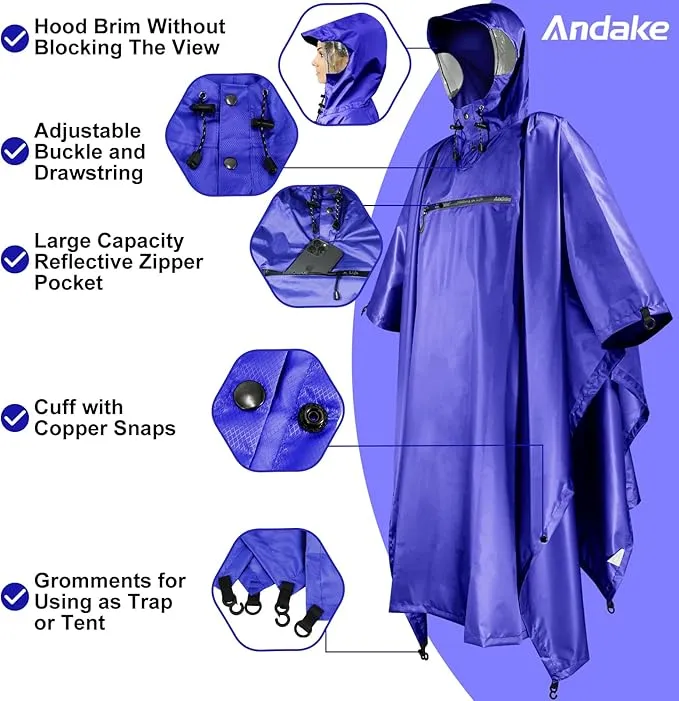 Andake Waterproof Rain Poncho for Adults Unisex,230T Ripstop Polyester,Raincoat Gear with Transparent Viewing Window Outdoors