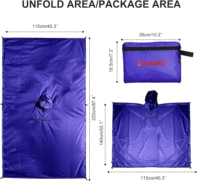 Andake Waterproof Rain Poncho for Adults Unisex,230T Ripstop Polyester,Raincoat Gear with Transparent Viewing Window Outdoors