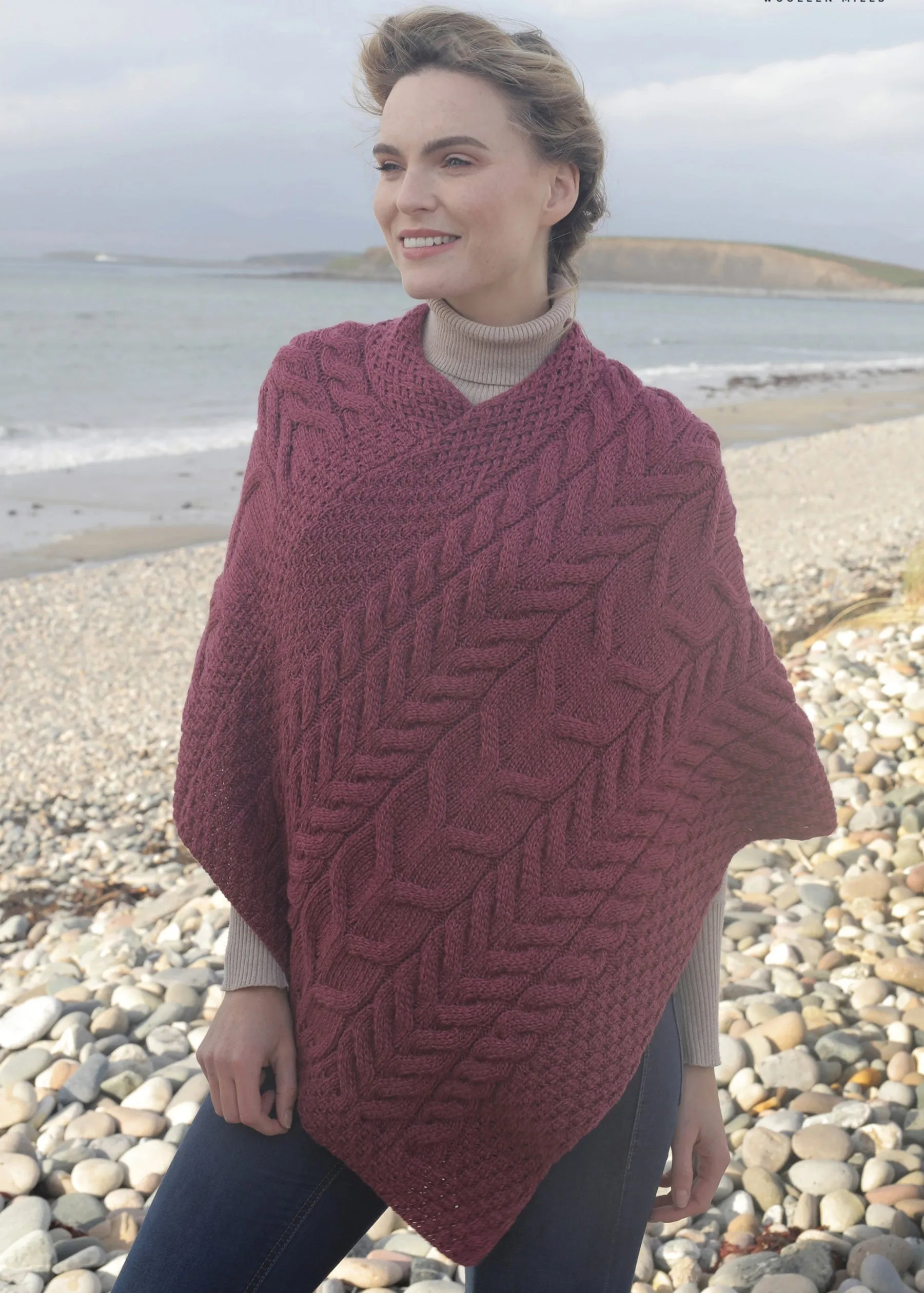 Aran Super Soft Poncho | Raspberry