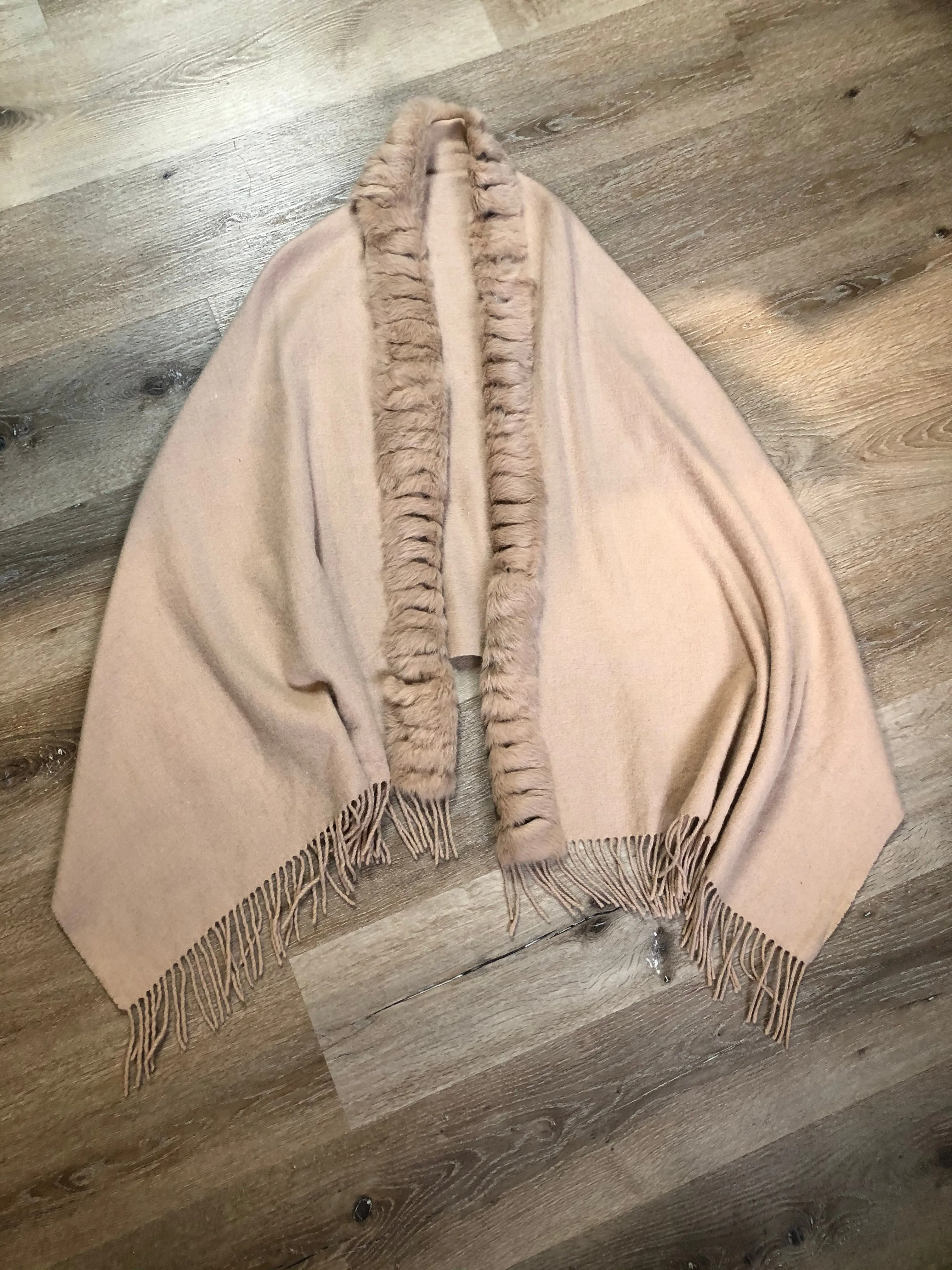Beige Wool Cape with Rabbit Fur Trim SOLD