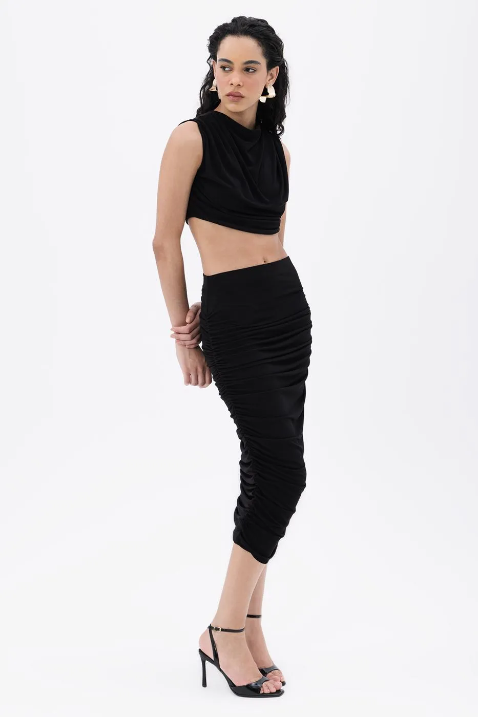 Black Draped Midi Pencil Skirt
