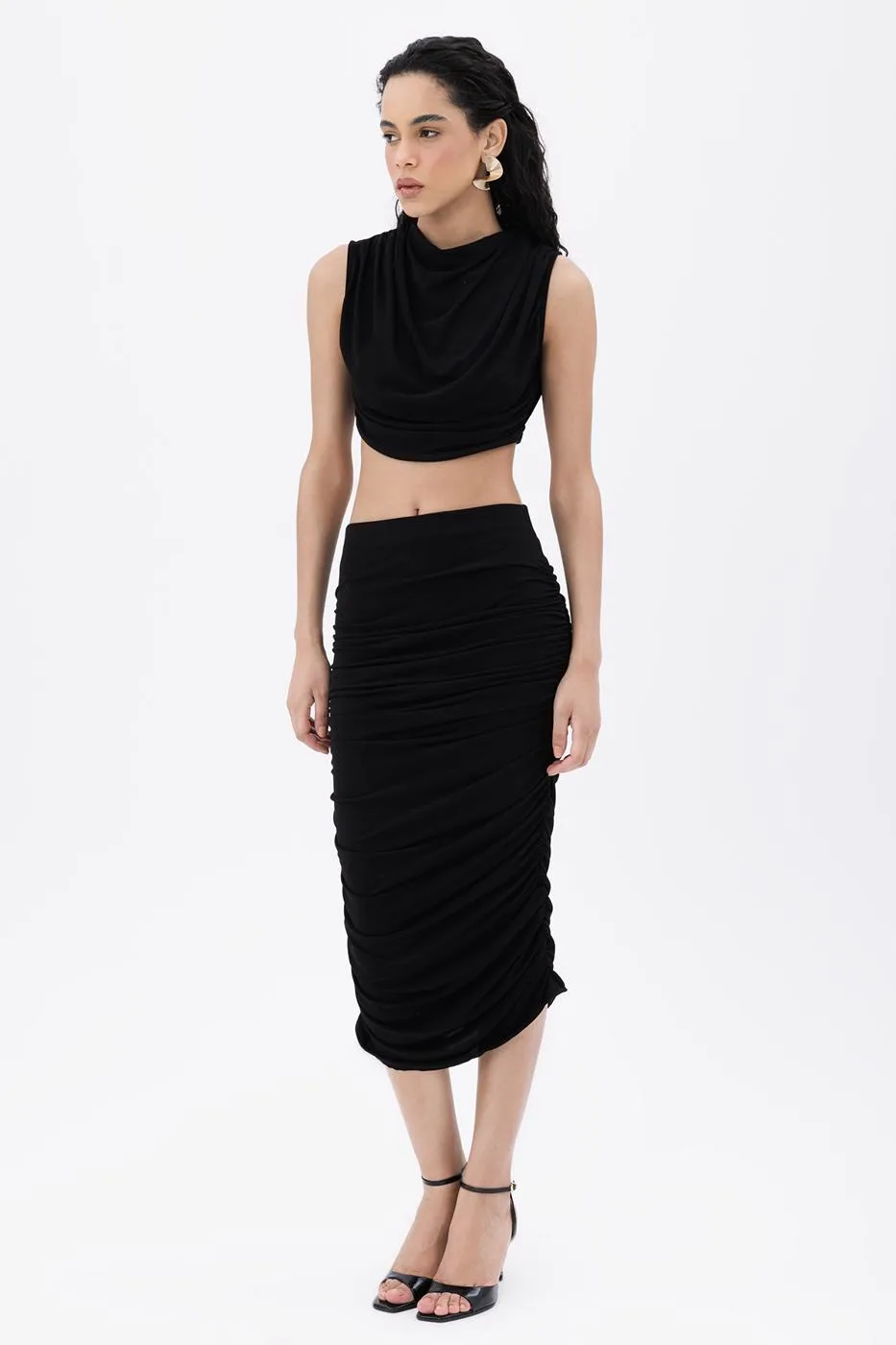 Black Draped Midi Pencil Skirt