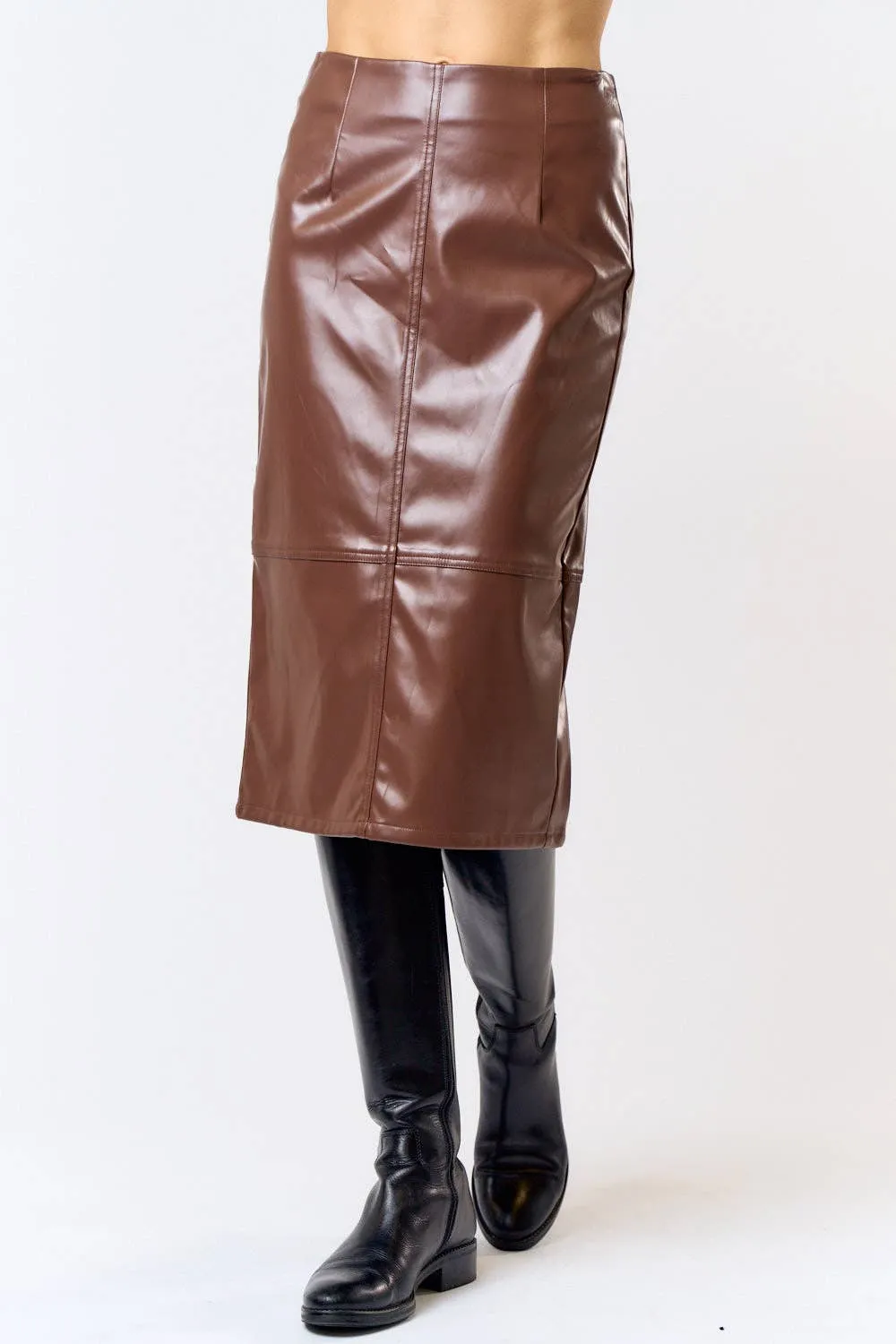 Black High Waist Leather Midi Skirt