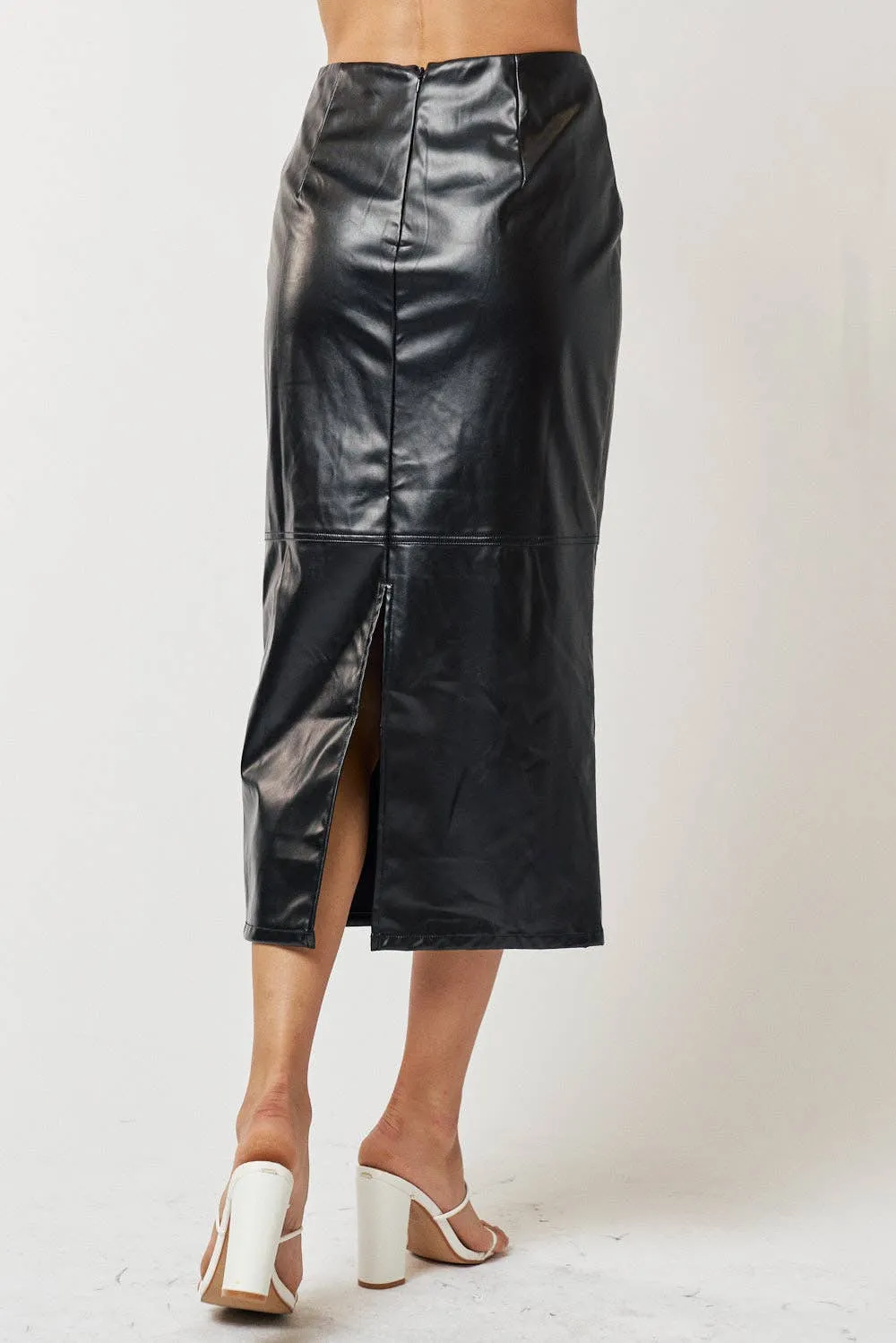 Black High Waist Leather Midi Skirt