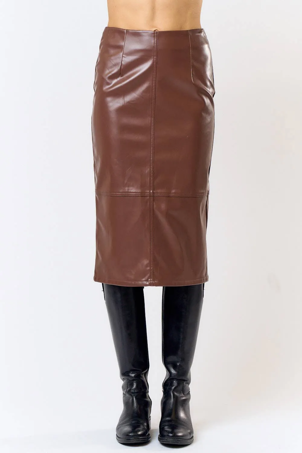 Black High Waist Leather Midi Skirt