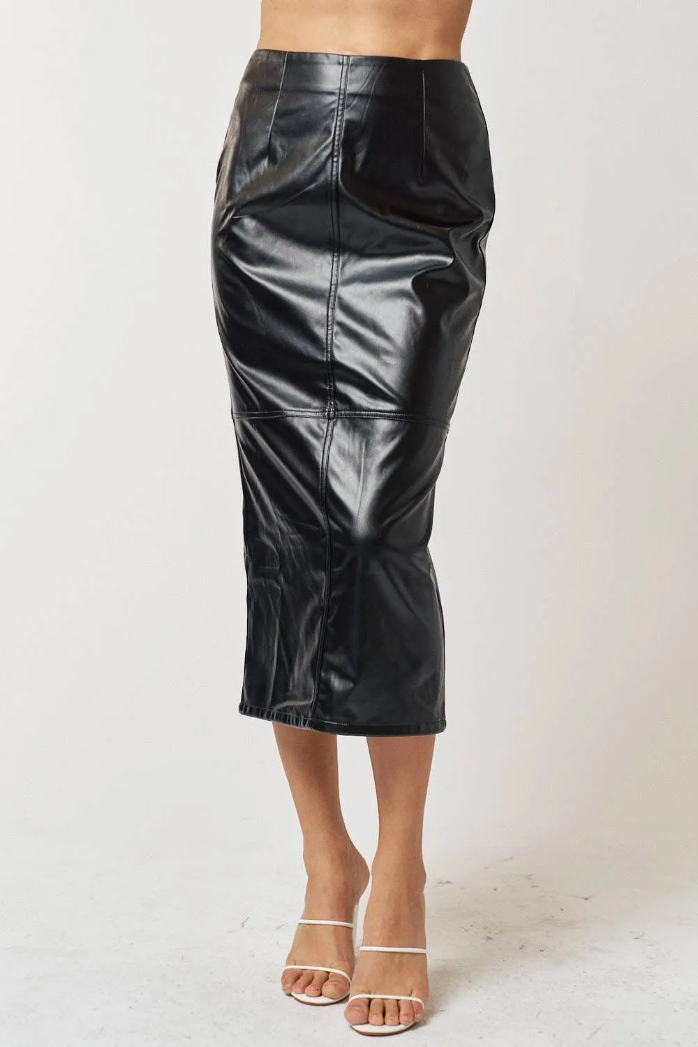 Black High Waist Leather Midi Skirt