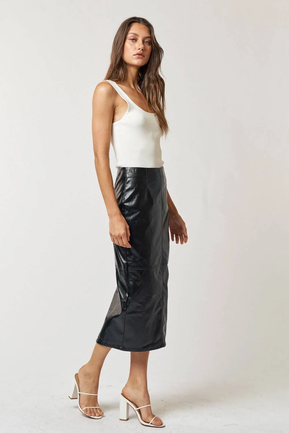 Black High Waist Leather Midi Skirt