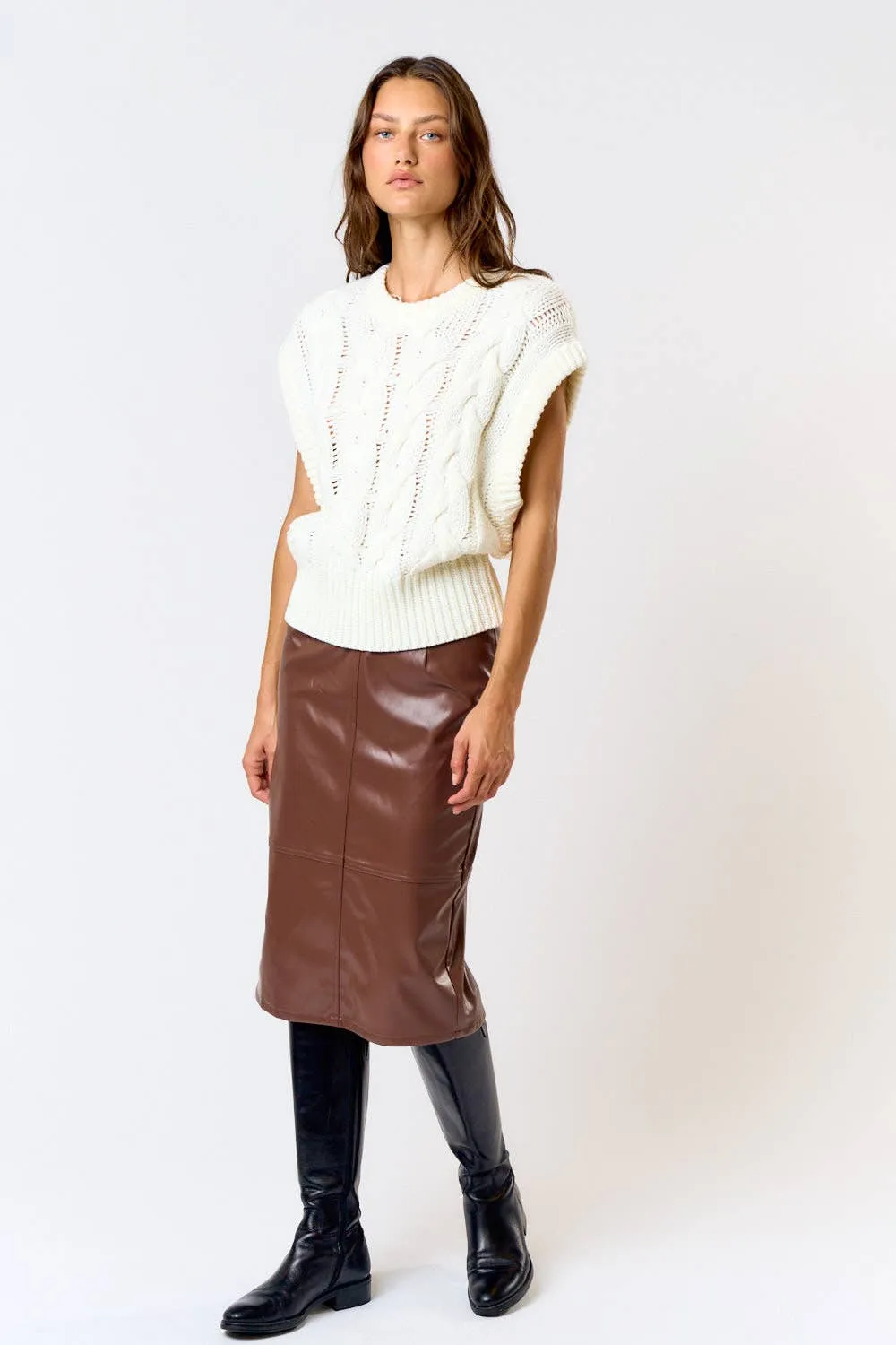 Black High Waist Leather Midi Skirt
