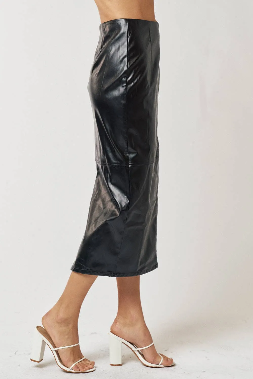 Black High Waist Leather Midi Skirt