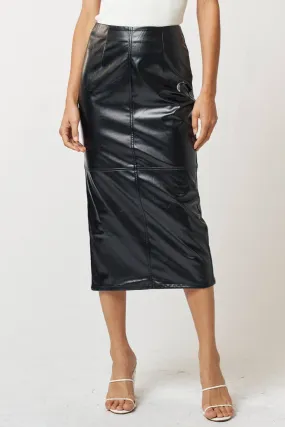 Black High Waist Leather Midi Skirt
