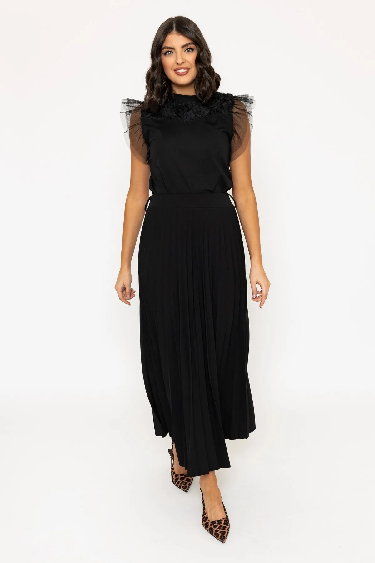 Black Pleated Midi Skirt