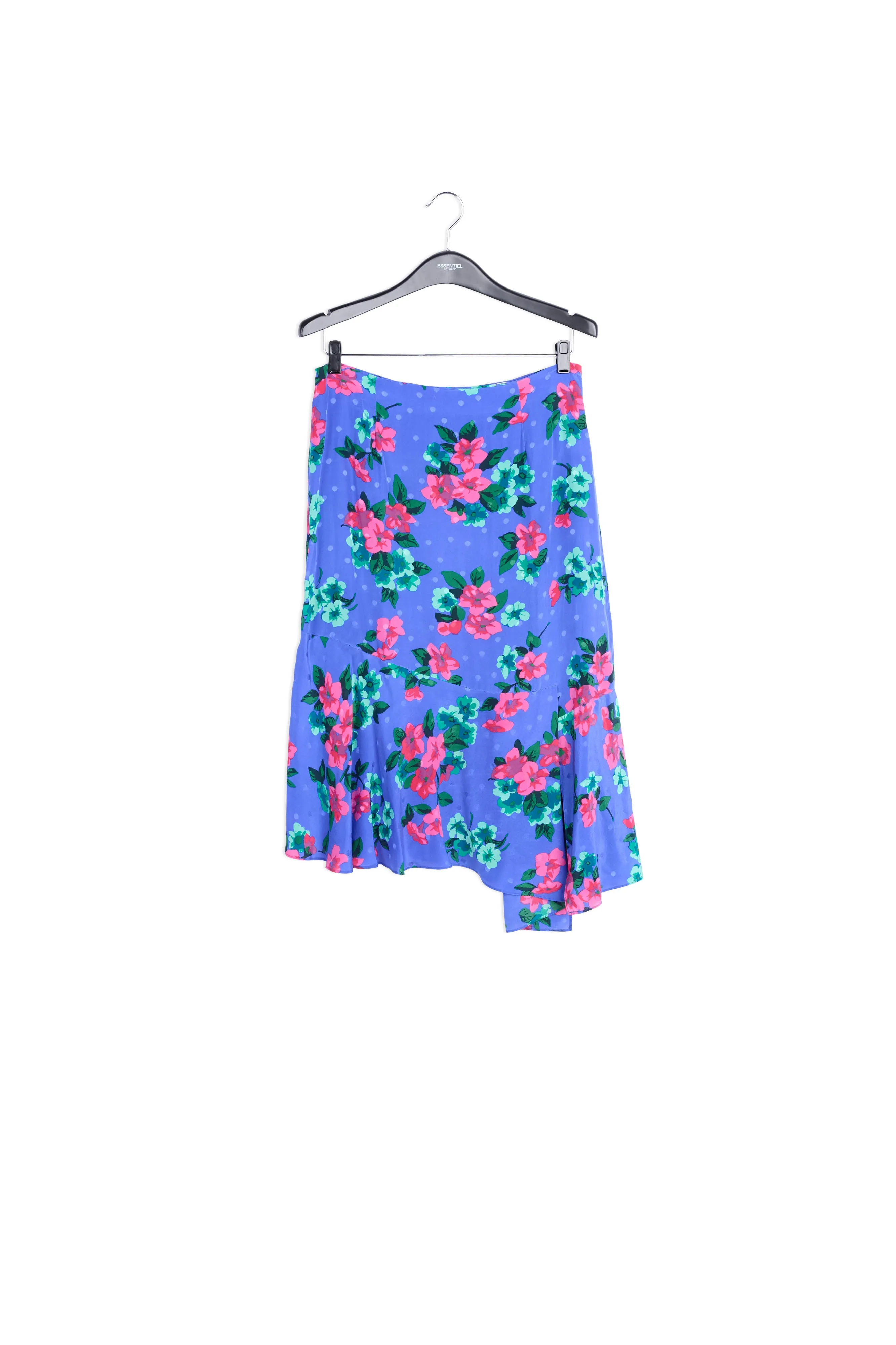 Blue floral and polka dot silk midi skirt