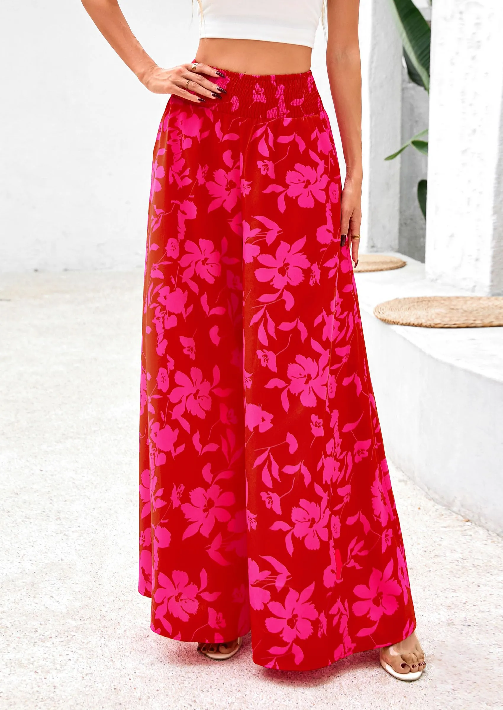 Casual Elastic High Waisted Pockets Boho Beach Wide Leg Palazzo Pants