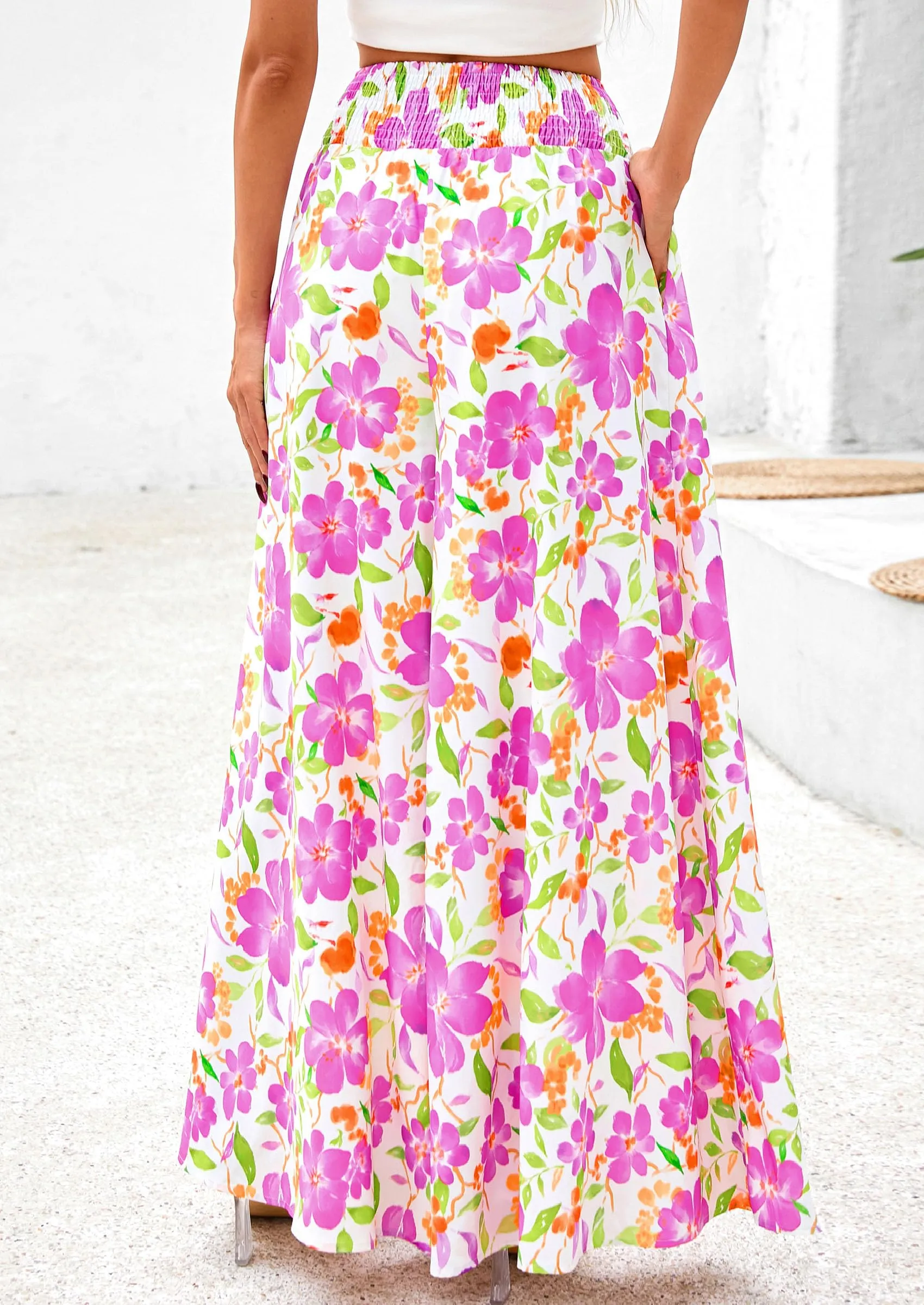 Casual Elastic High Waisted Pockets Boho Beach Wide Leg Palazzo Pants