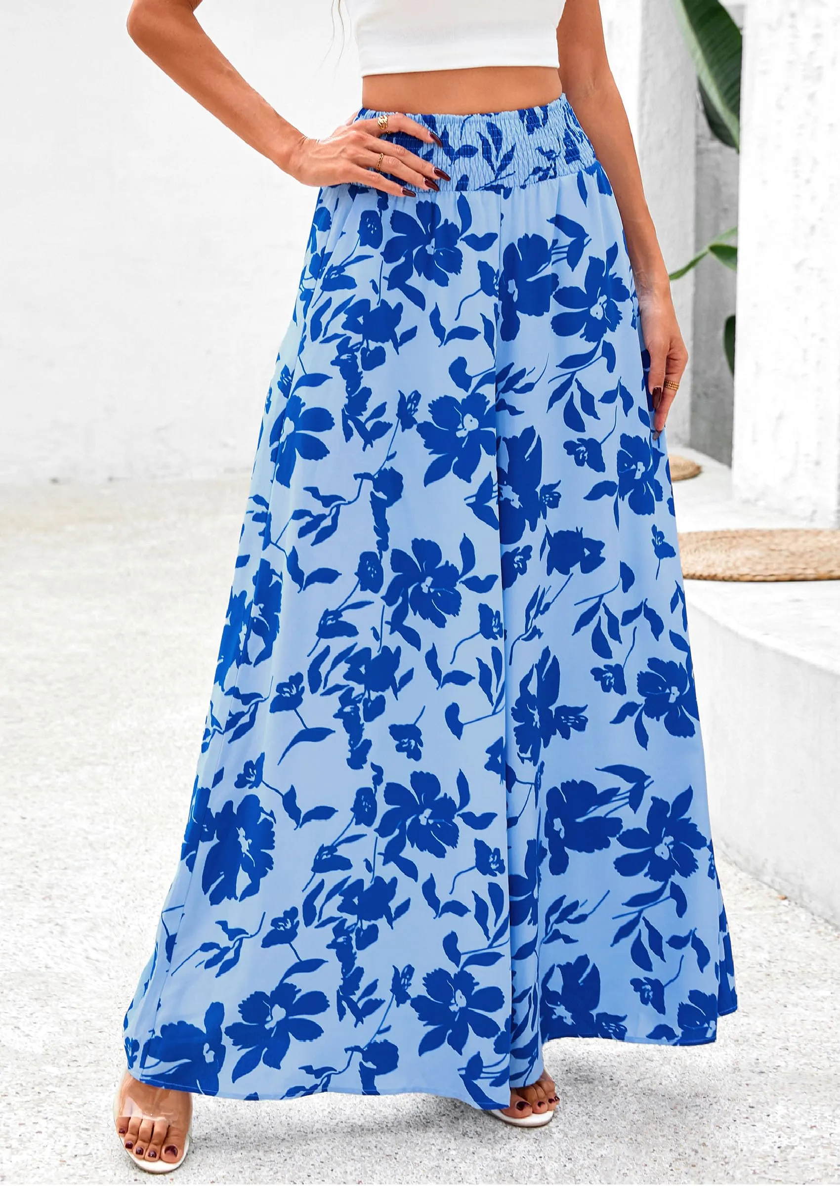 Casual Elastic High Waisted Pockets Boho Beach Wide Leg Palazzo Pants