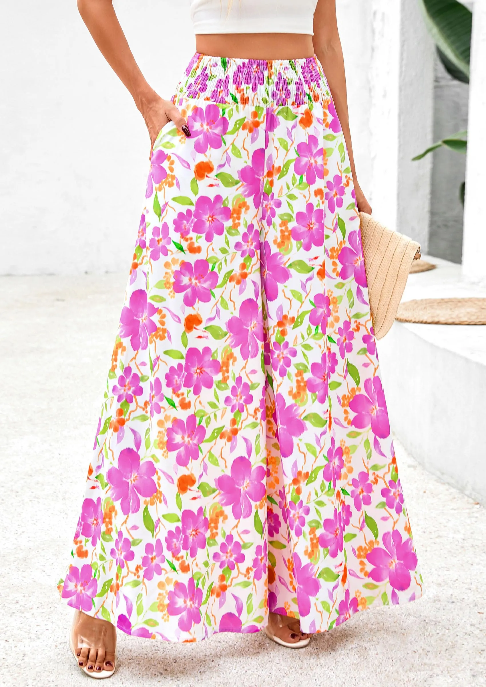 Casual Elastic High Waisted Pockets Boho Beach Wide Leg Palazzo Pants
