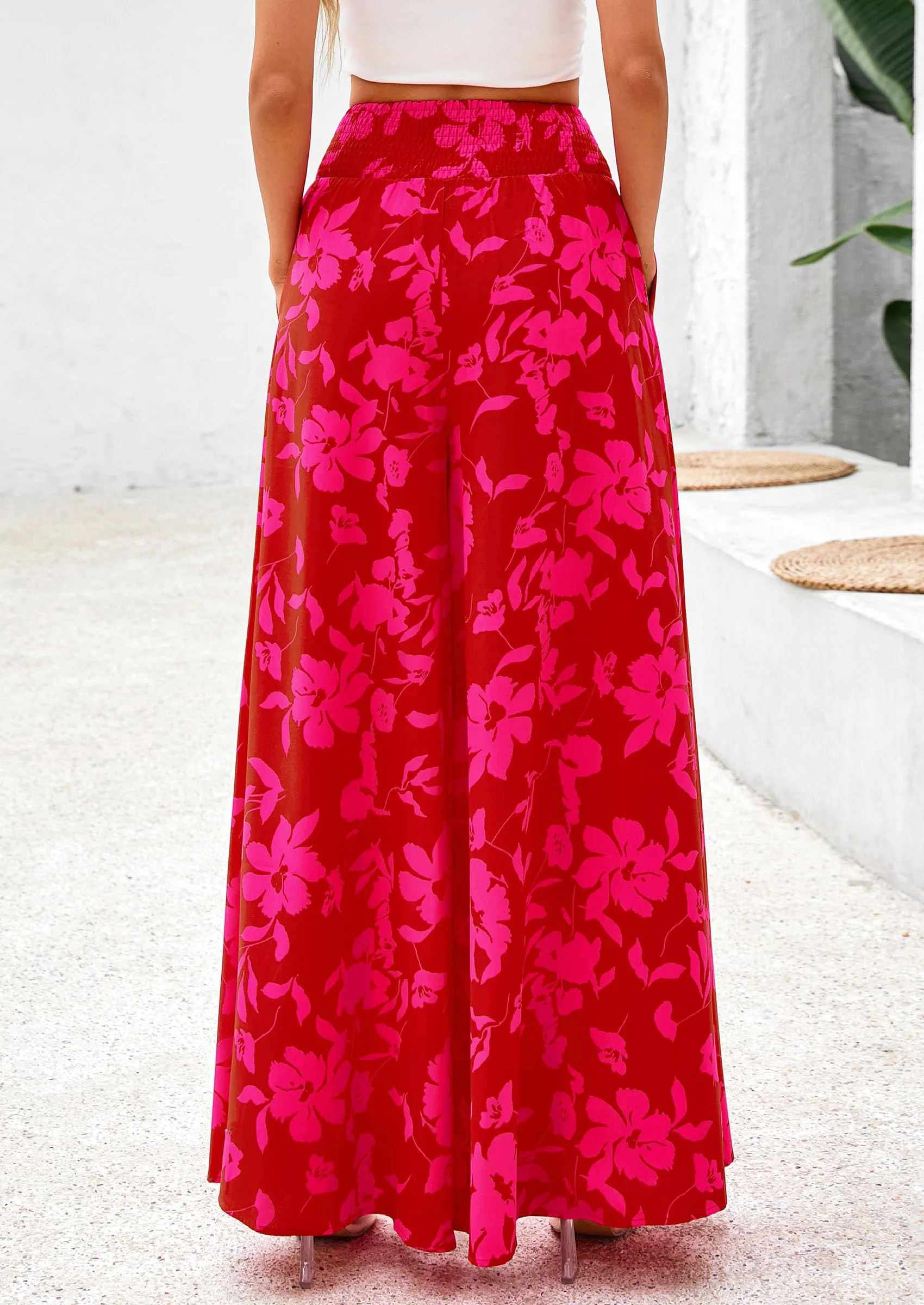 Casual Elastic High Waisted Pockets Boho Beach Wide Leg Palazzo Pants