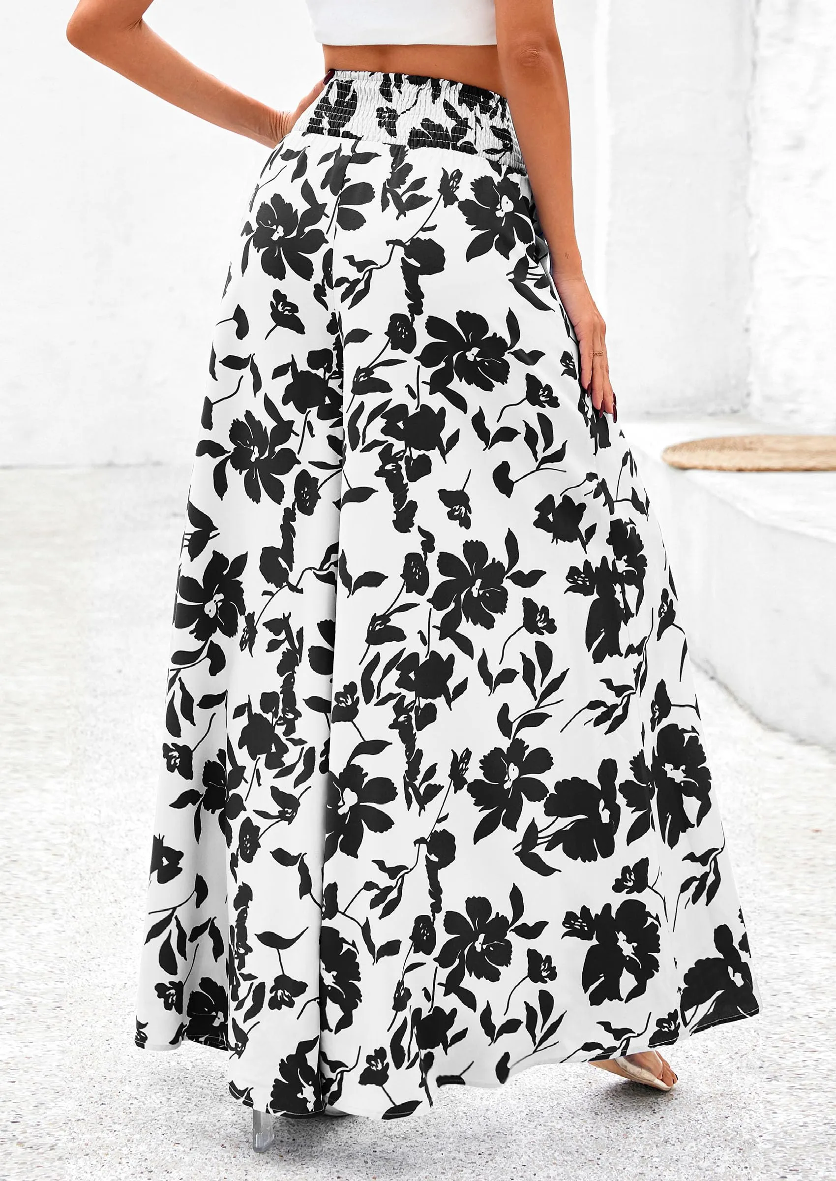 Casual Elastic High Waisted Pockets Boho Beach Wide Leg Palazzo Pants