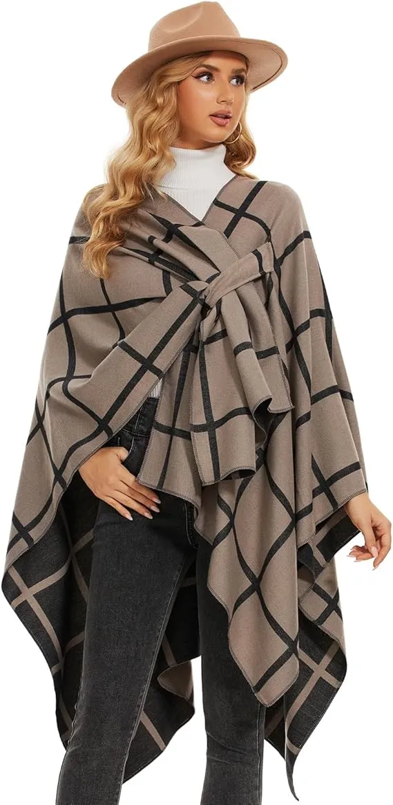 Dark Gray-Coffee Soft Knit Wrap Poncho Style Cardigan