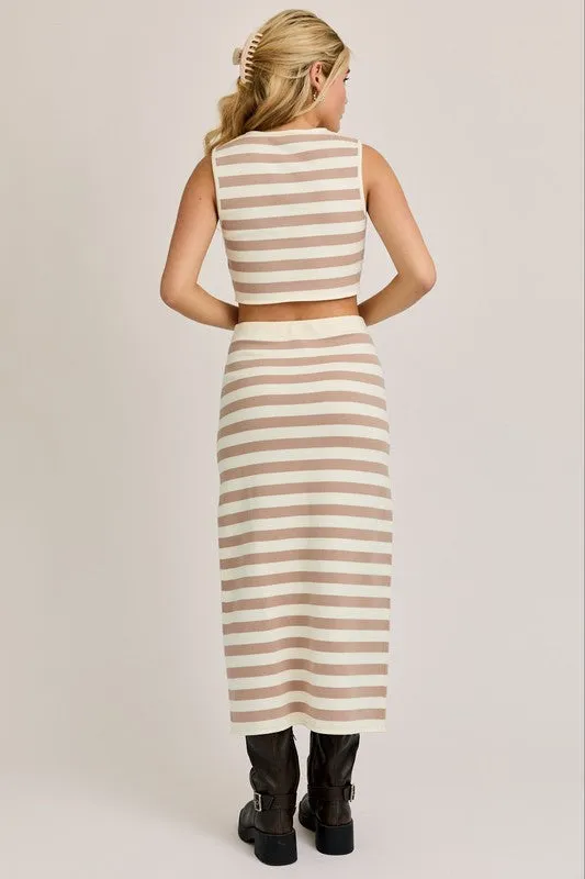 Eva Striped Front Slit Knit Midi Skirt