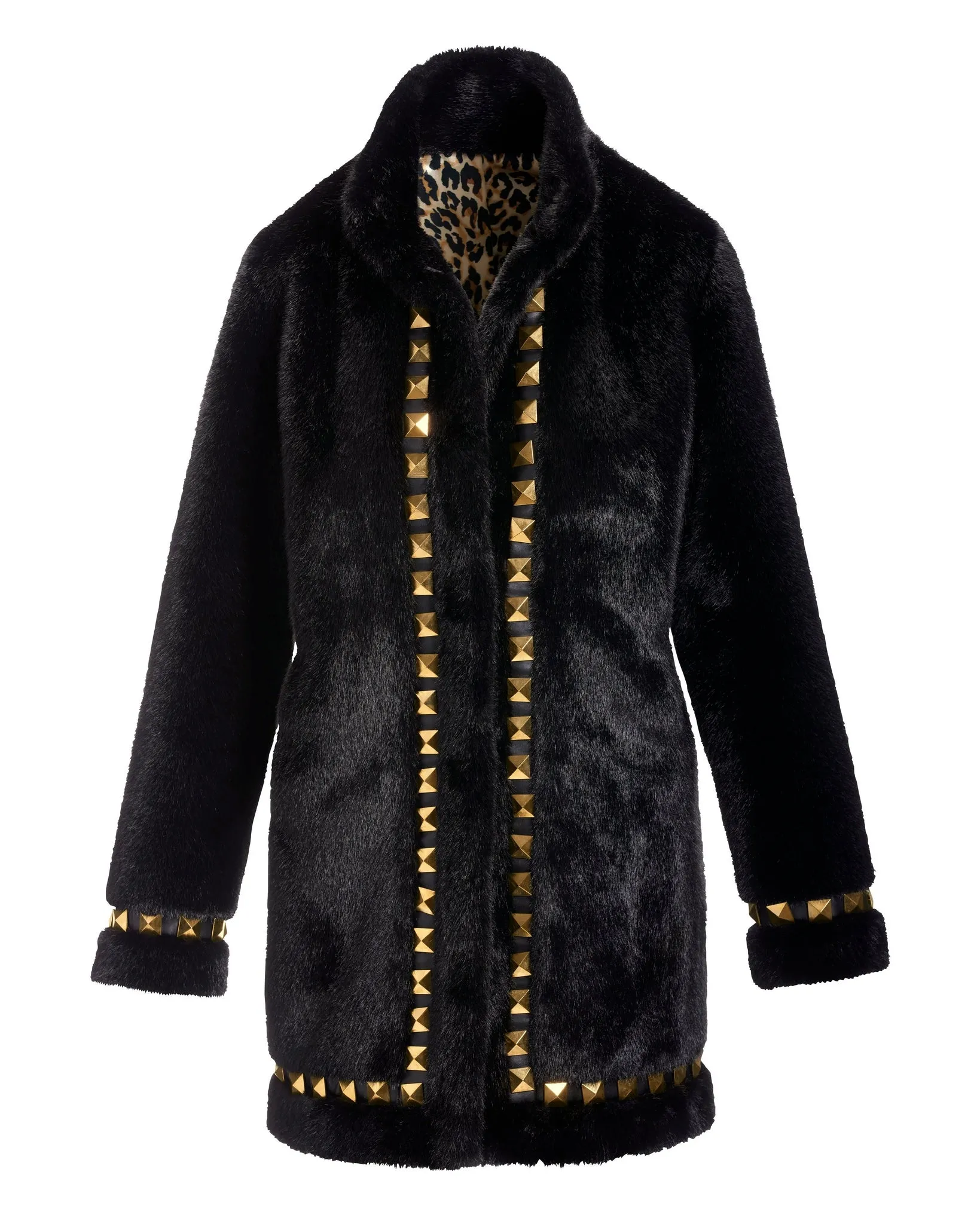 Faux Fur Studded Trim Coat Black