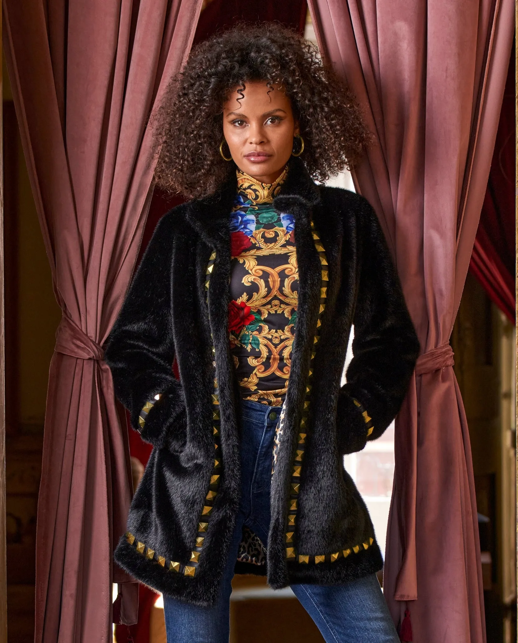 Faux Fur Studded Trim Coat Black