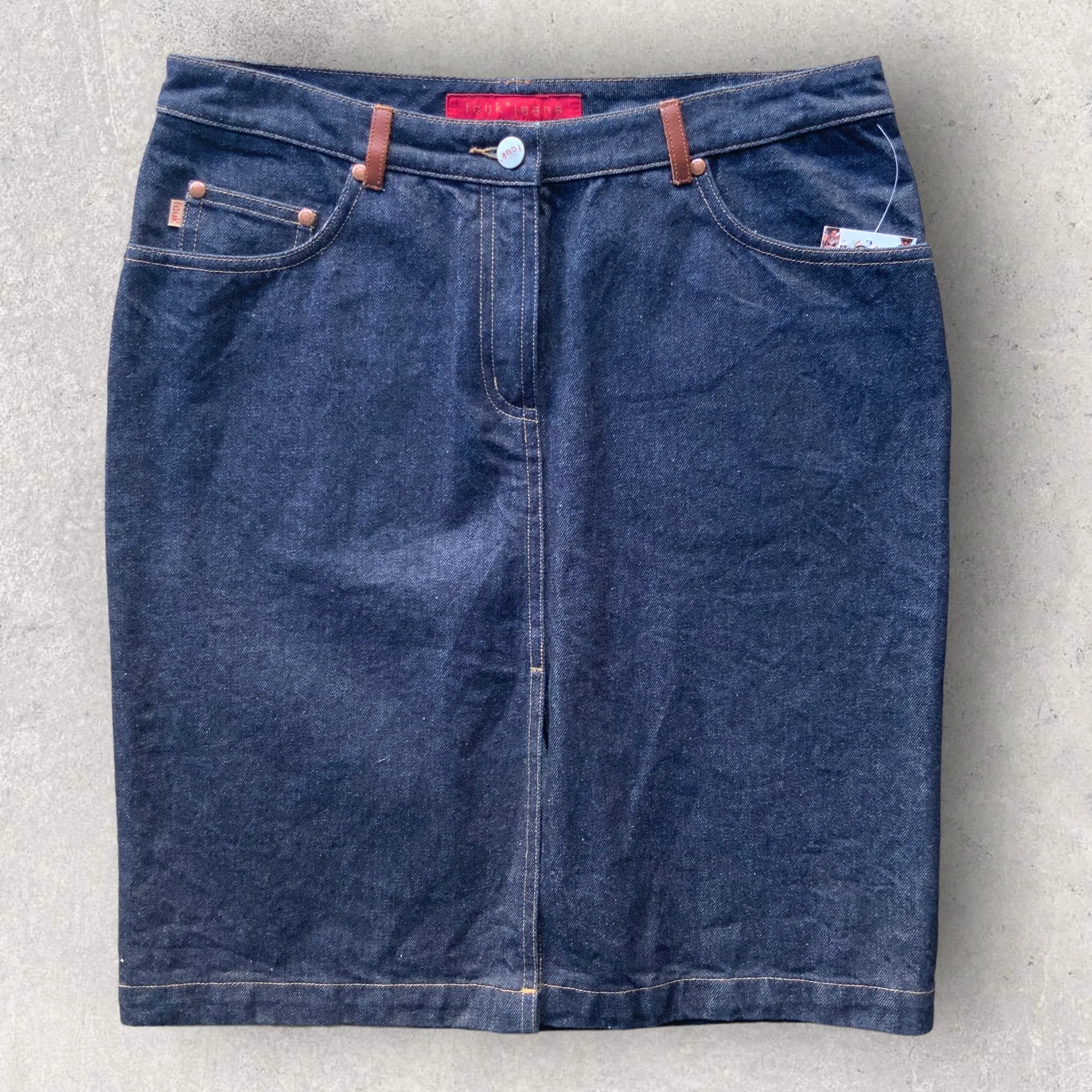FCUK Dark Denim Knee Length Skirt with Leather Pockets - Size 10/12