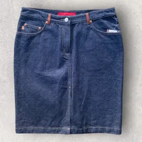 FCUK Dark Denim Knee Length Skirt with Leather Pockets - Size 10/12