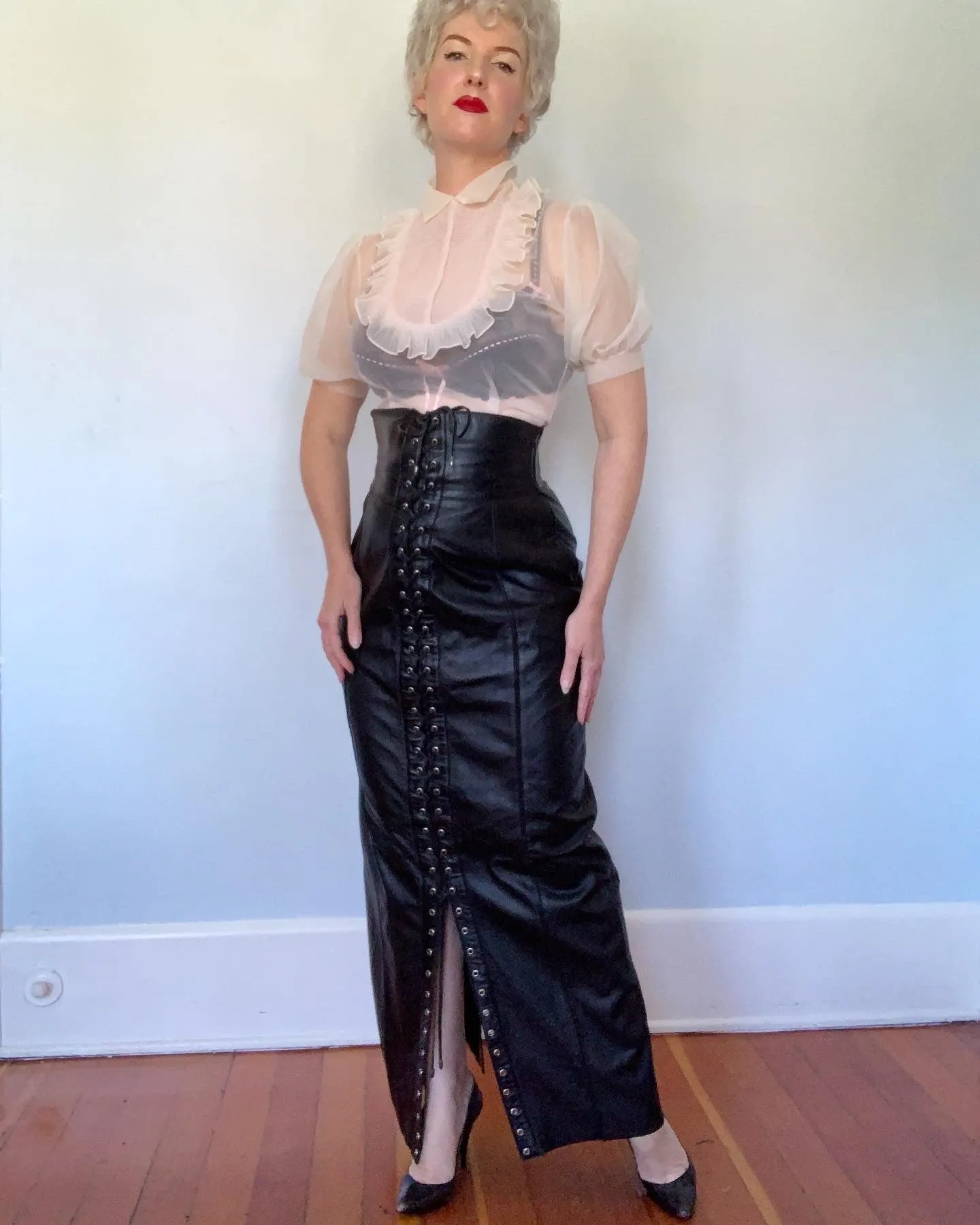 Fetish Chic 1980s High Waisted Leather Maxi Length Tapered Pencil Skirt with Lace Up Front & Back