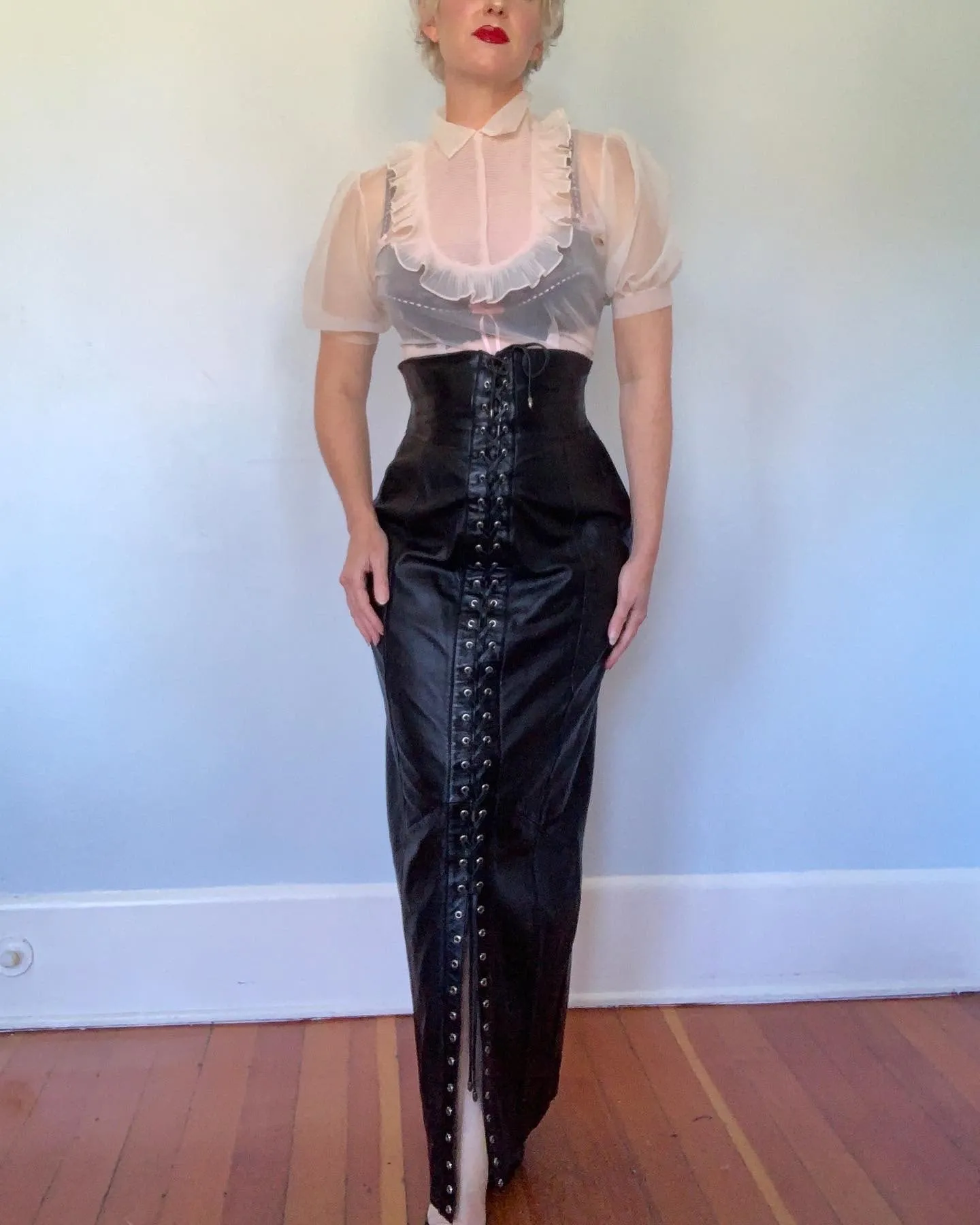 Fetish Chic 1980s High Waisted Leather Maxi Length Tapered Pencil Skirt with Lace Up Front & Back