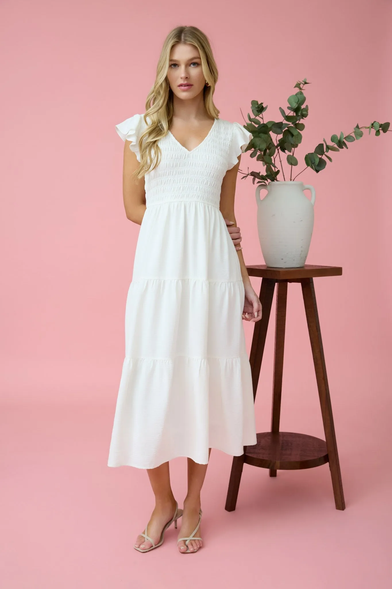 Flutter Sleeve V-Neck Midi Dress