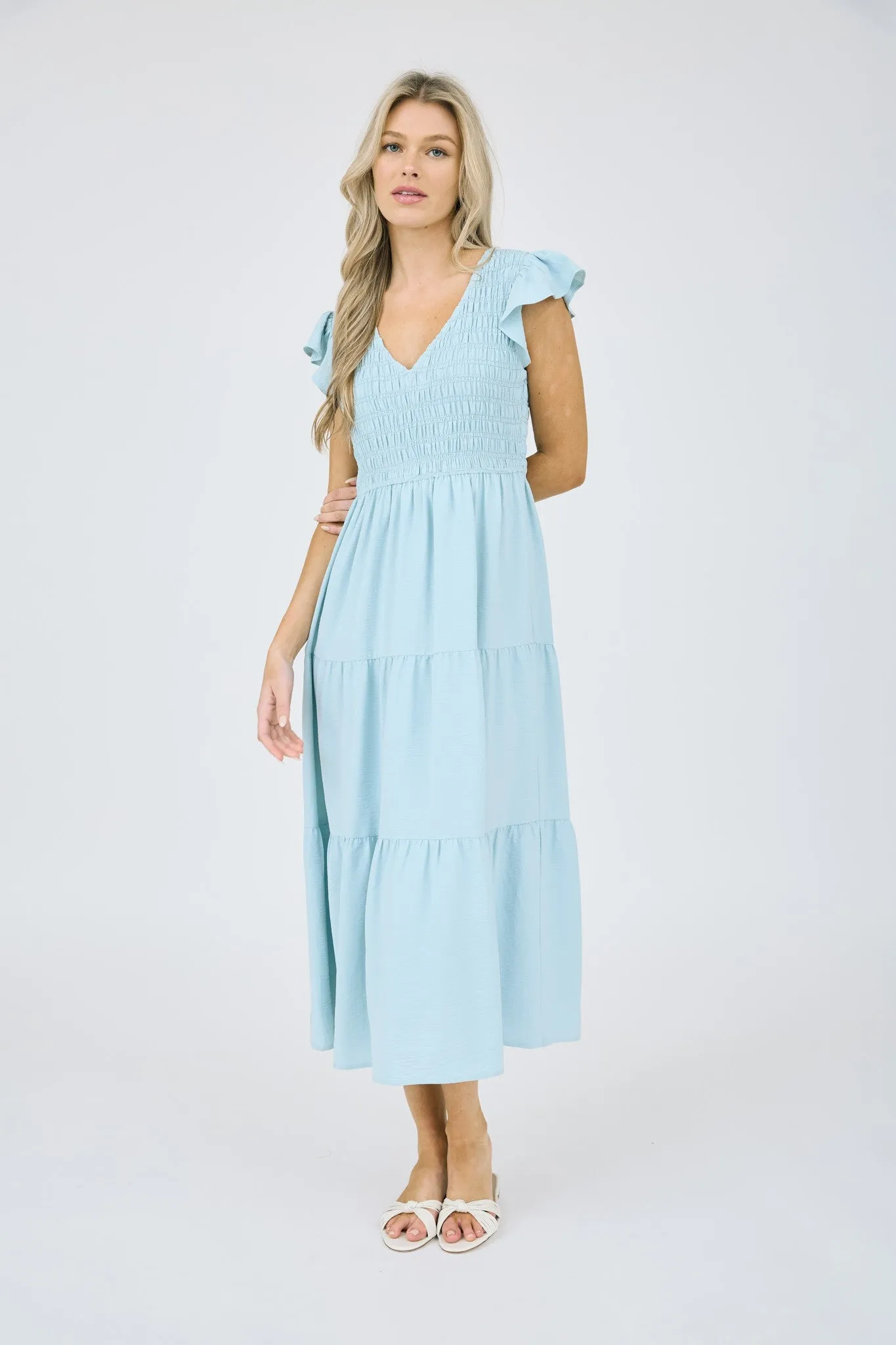 Flutter Sleeve V-Neck Midi Dress