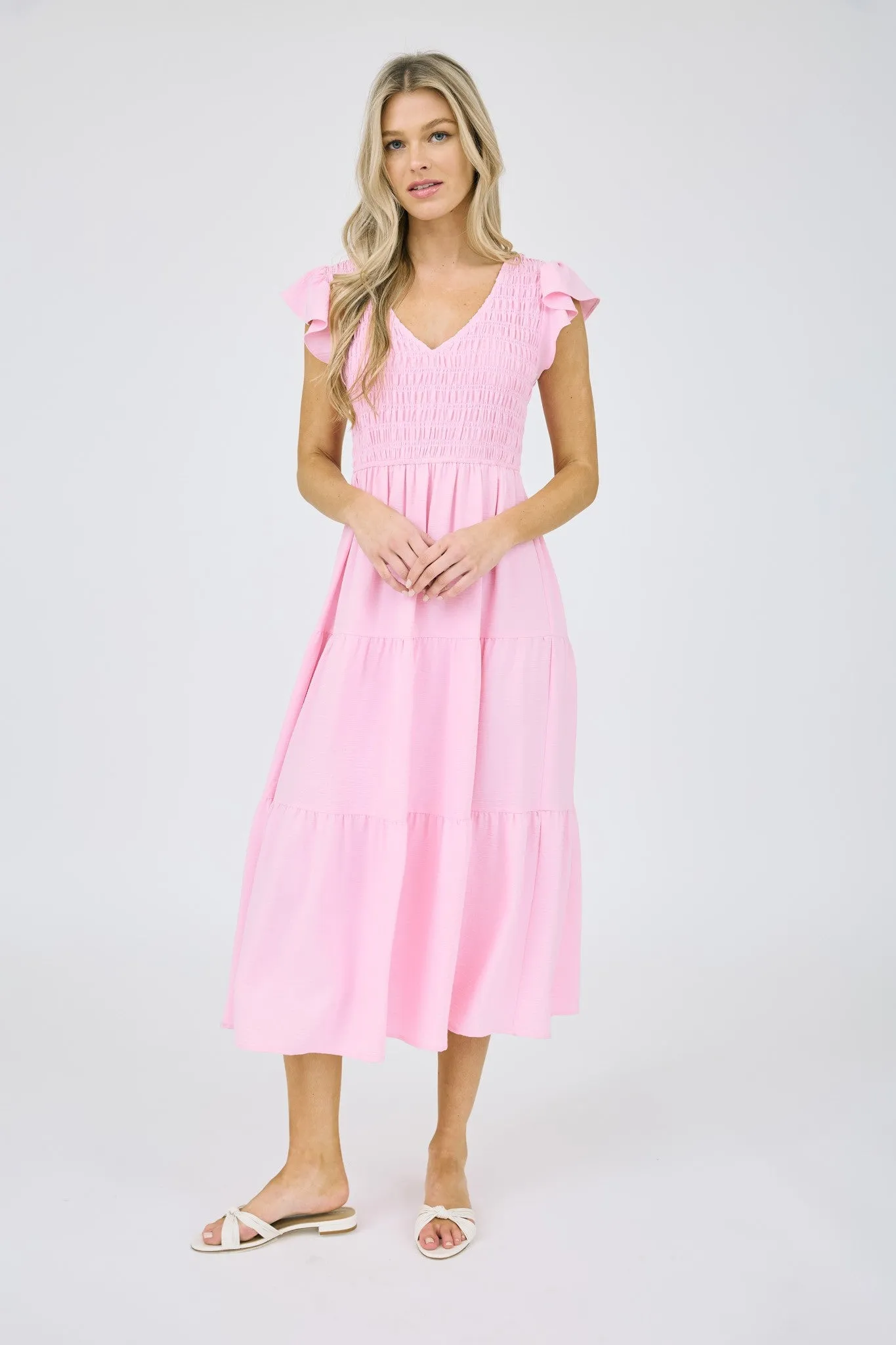 Flutter Sleeve V-Neck Midi Dress
